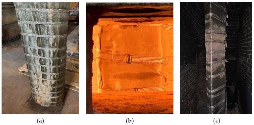 (a) Sample No. 1 before the test; (b) during the test; (c) after the test.