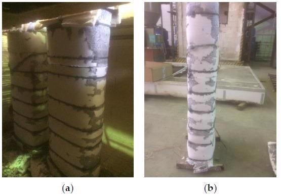 (a) Samples No. 3.1 and No. 3.2 during fire tests; (b) after all tests.