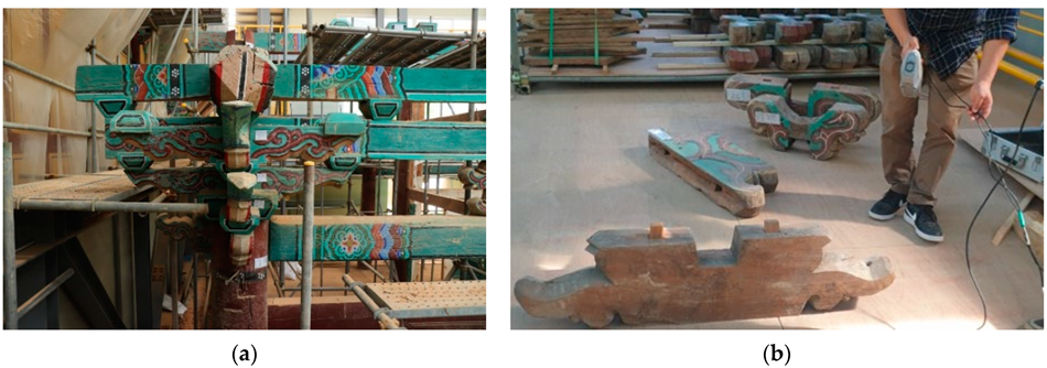 Three-dimensional scanner is vulnerable to direct sunlight. The renovation of the traditional architecture was carried out by covering the heritage with a temporary steel structure. Therefore, it was possible to scan each member because of the working environment: (a) Dismantling construction of Seo Ik-heon bracket set; (b) three-dimensional scan of each member comprising the Seo Ik-heon bracket set.