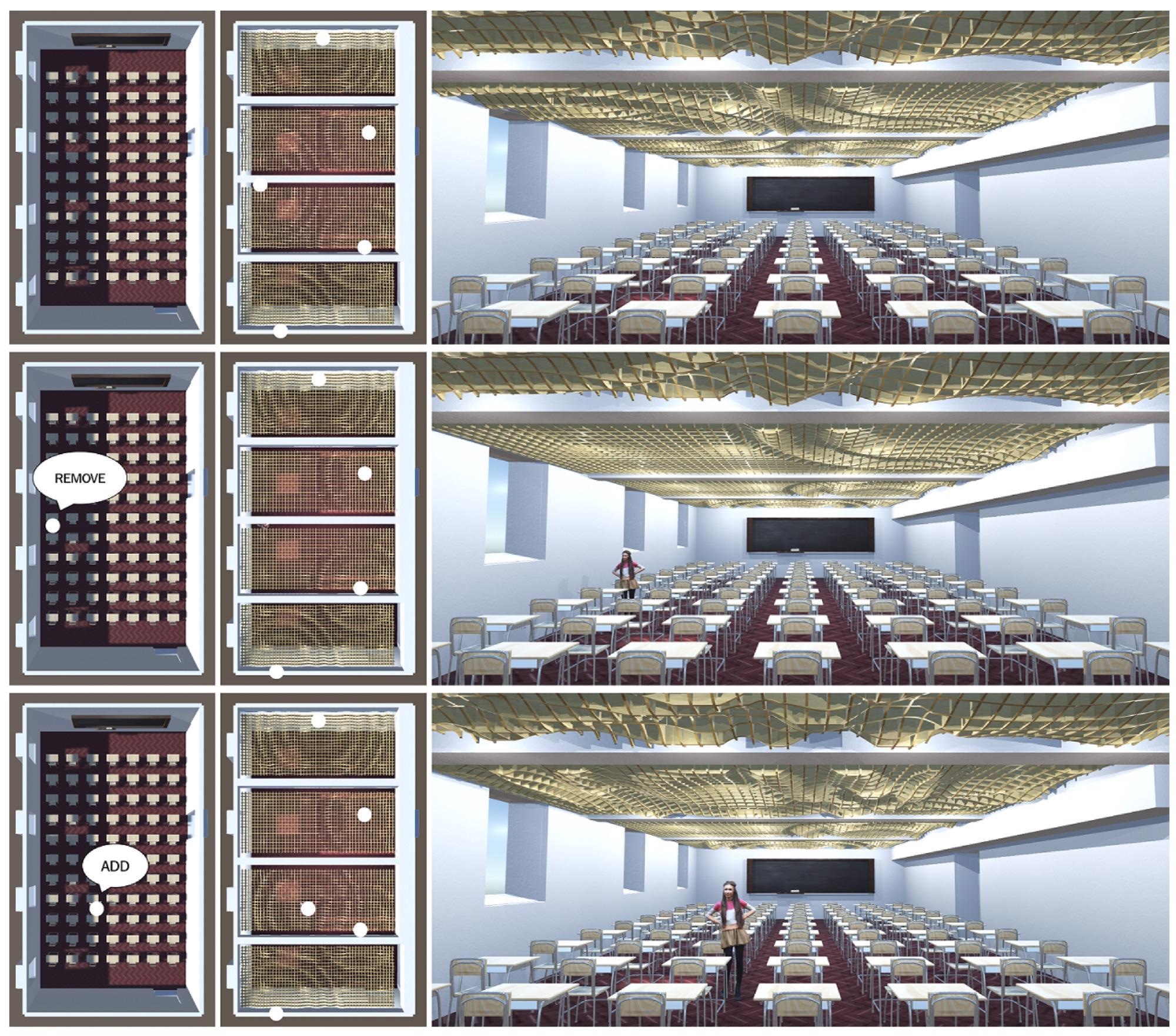 From left to right: top view of the classroom (1) with the user’s location and (2) showing the intervention and the active attractors’ location; and (3) render of the resulting solution. From top to bottom: (1) default solution; (2) removal of an attractor; and (3) addition of an attractor.