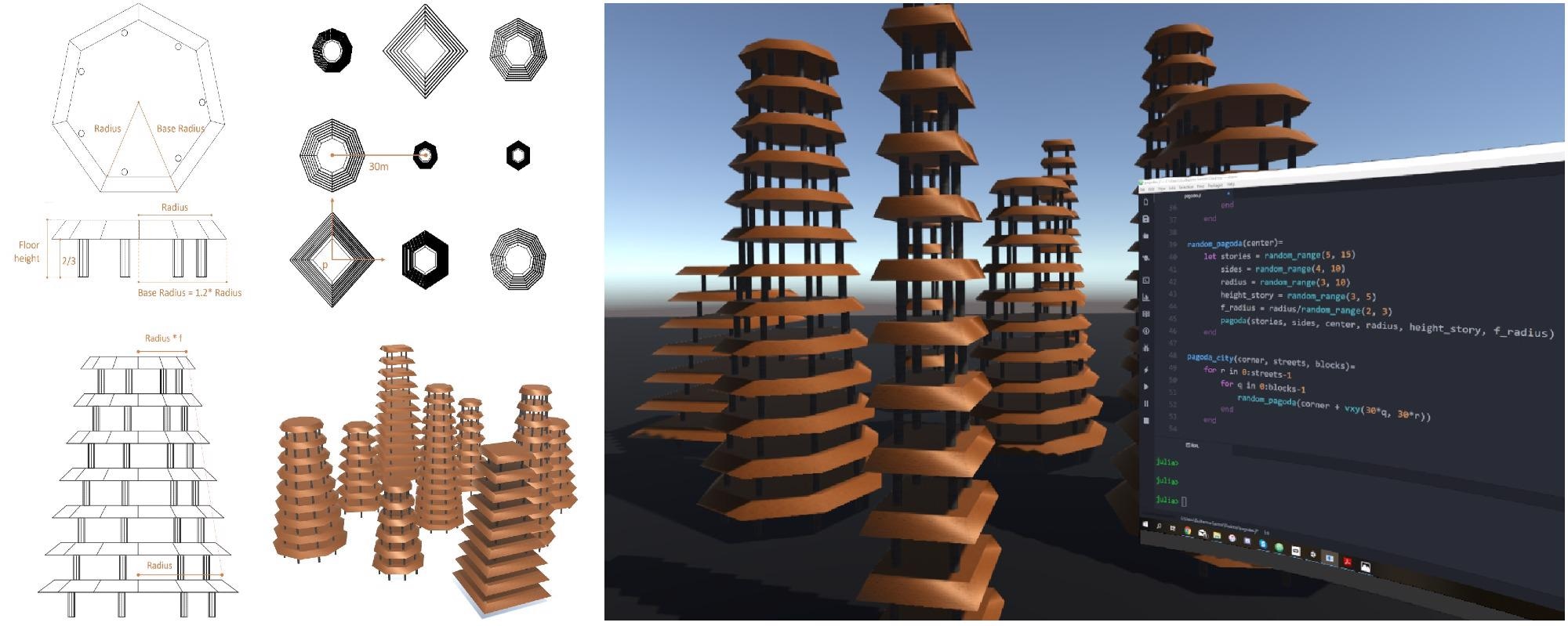 Random pagoda city exercise using the ADVR workflow: on the left, images from the briefing provided and, on the right, the goal of the exercise.