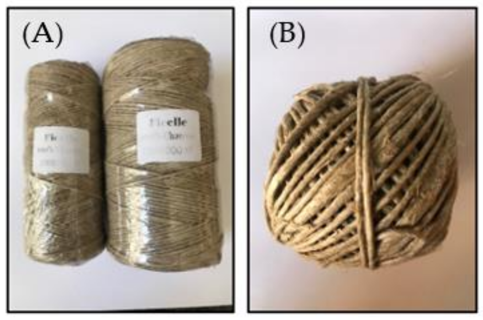 Hemp braids with diameter of 1 mm (A) and 2.2 mm (B).