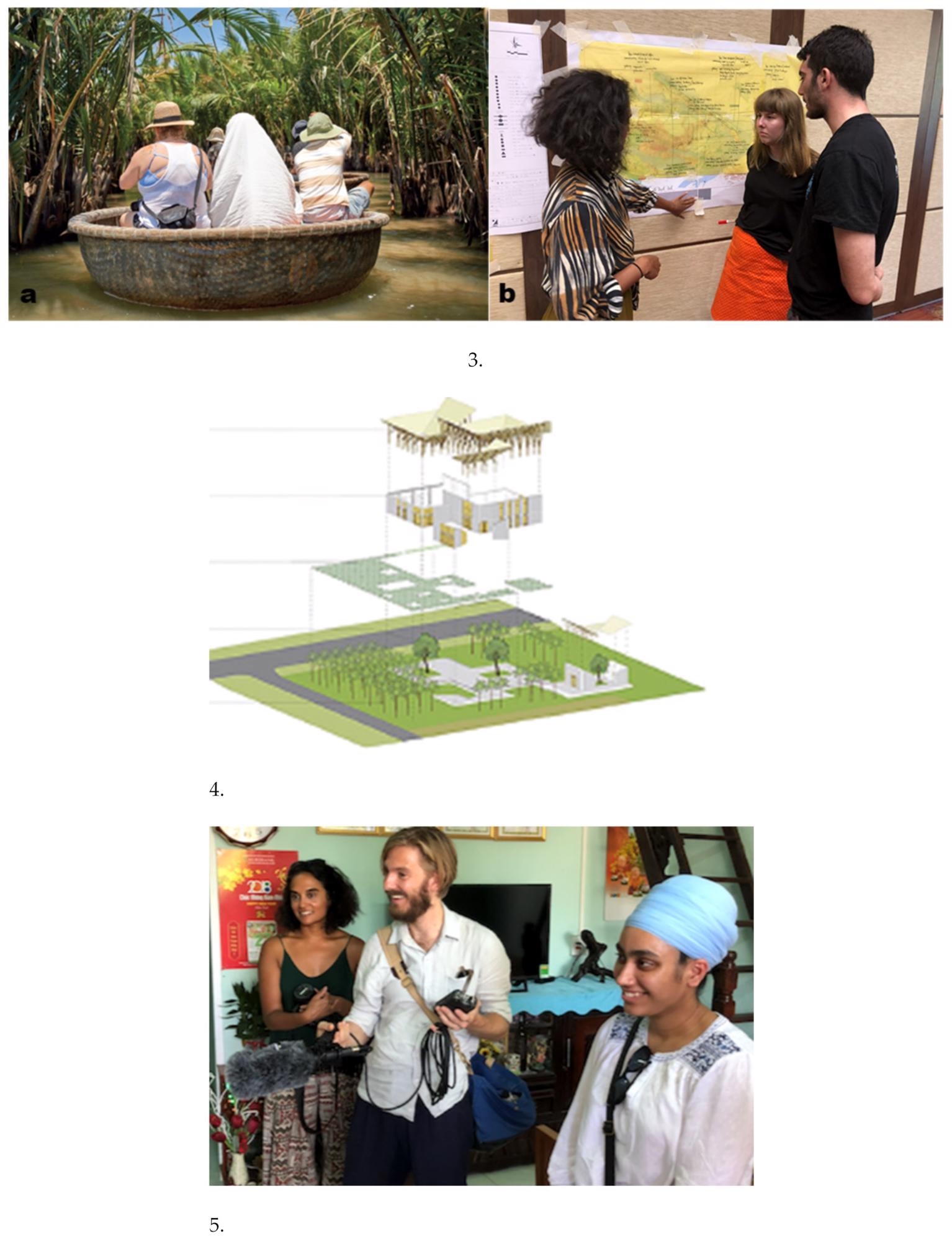 Images of the learning activities in the H?i An case study. 3. ((a) left) Field investigation: The use of wetlands to protect against storm surges during typhoons. ((b) right) Data Analysis: Vulnerability map-ping. 4. Design: Planned green spaces around the city aim to slow down urbanization and limit further increases in building density, making way for more water runoff. 5. Reporting: Interviewing householder for a podcast.