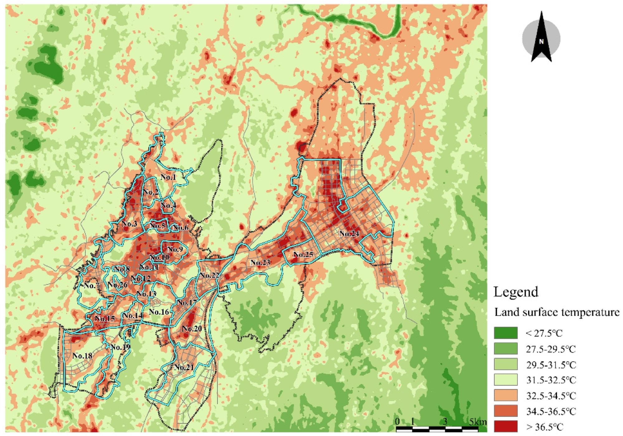 Overall map of land surface temperatures in 26 areas.