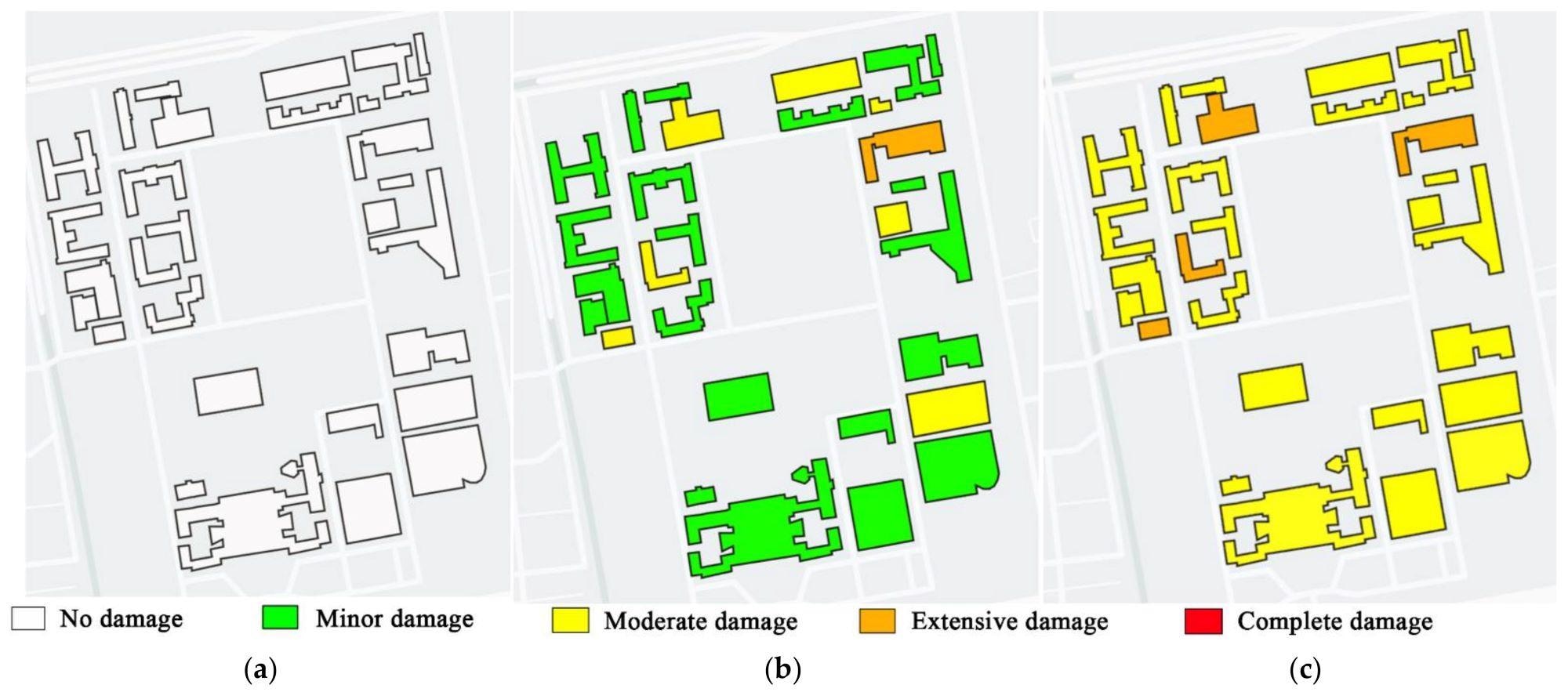 Structural damage states under different earthquake intensities: (a) frequent earthquake; (b) rare earthquake; (c) extremely rare earthquake.