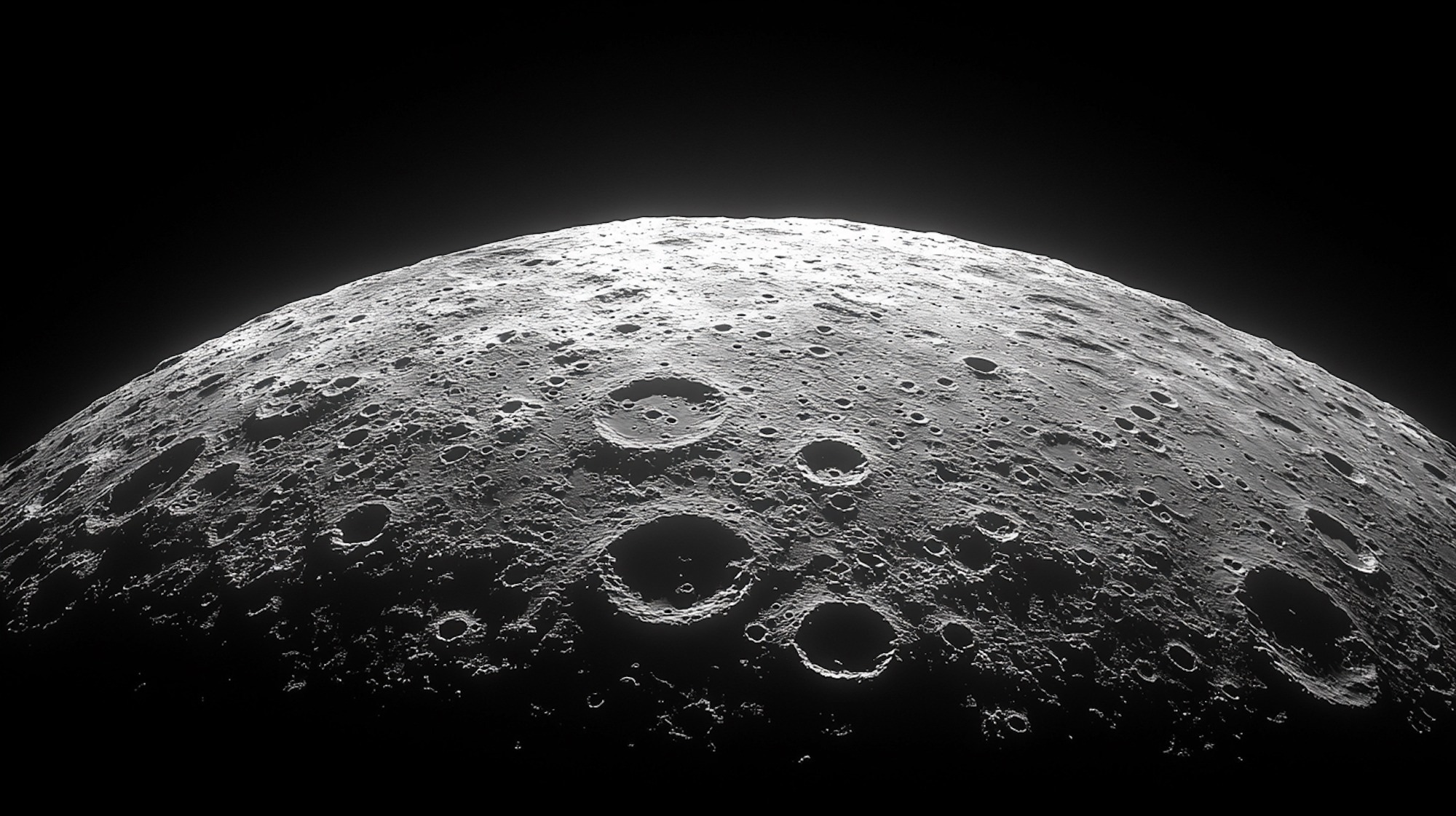 High-resolution image capturing the lunar surface at the edge of dawn, with the sun