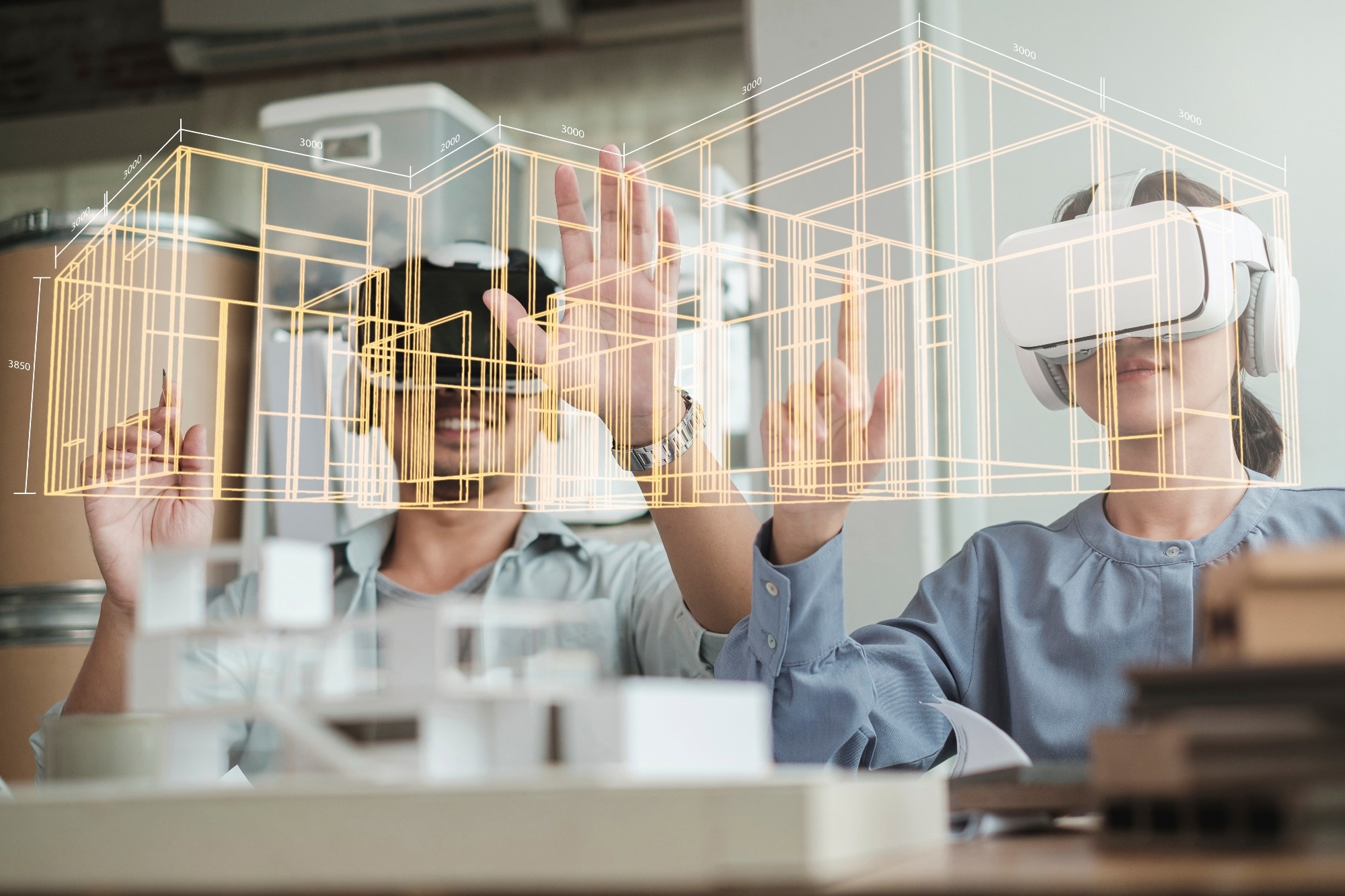 Team Architect or Engineer designer wearing VR headset for BIM technology.