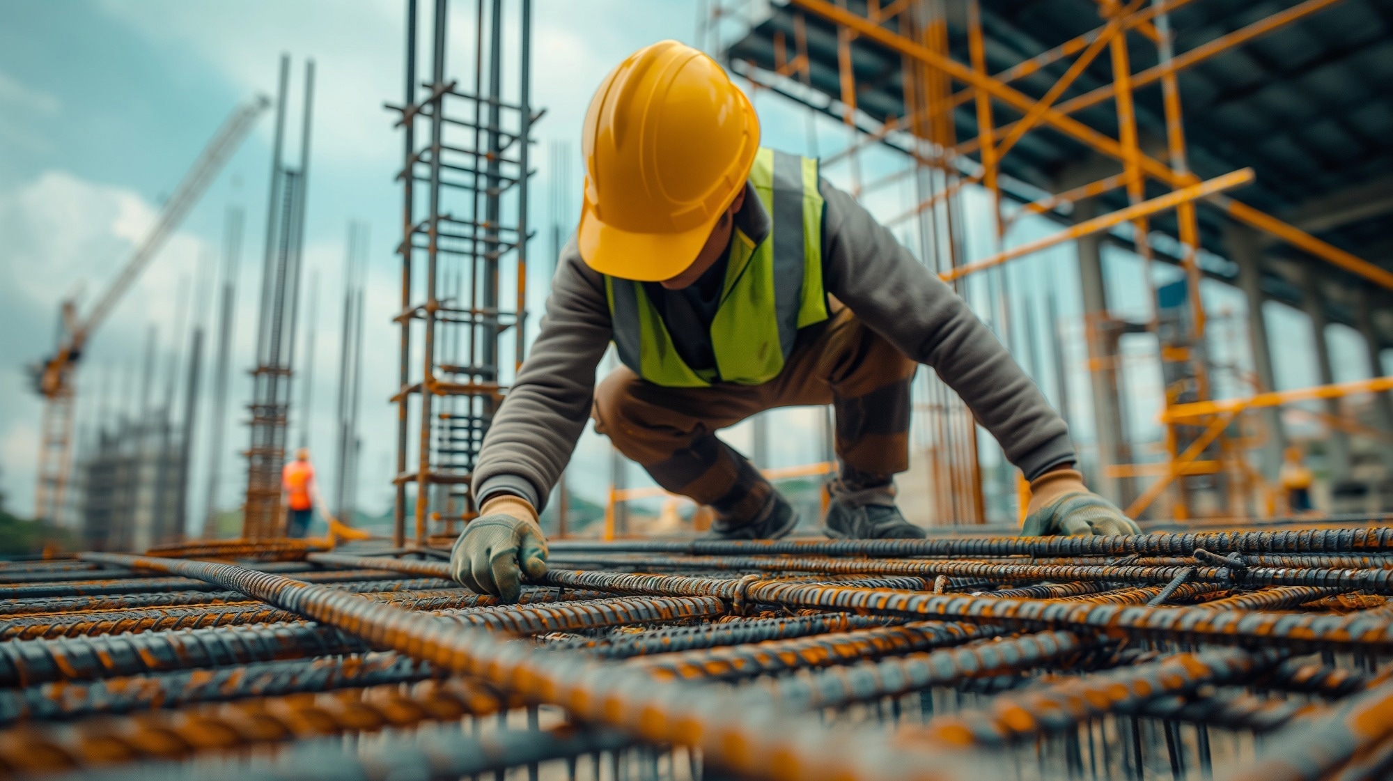 A construction worker wearing a yellow hard hat and safety vest is working on a building site, handling steel rebar. The background shows scaffolding and other construction activities.