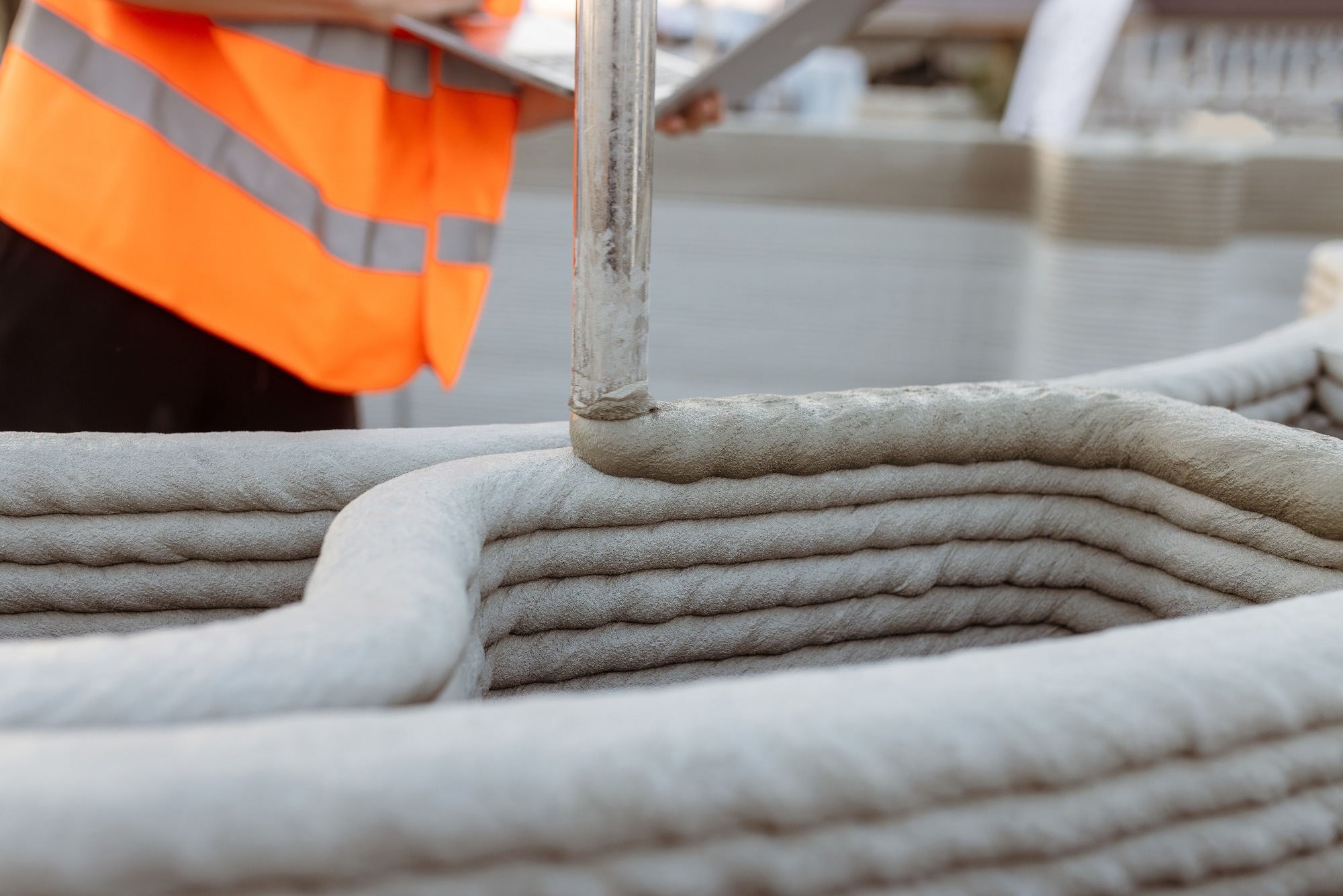 3D printed construction in action, concrete being 3D printed, layer by layer.