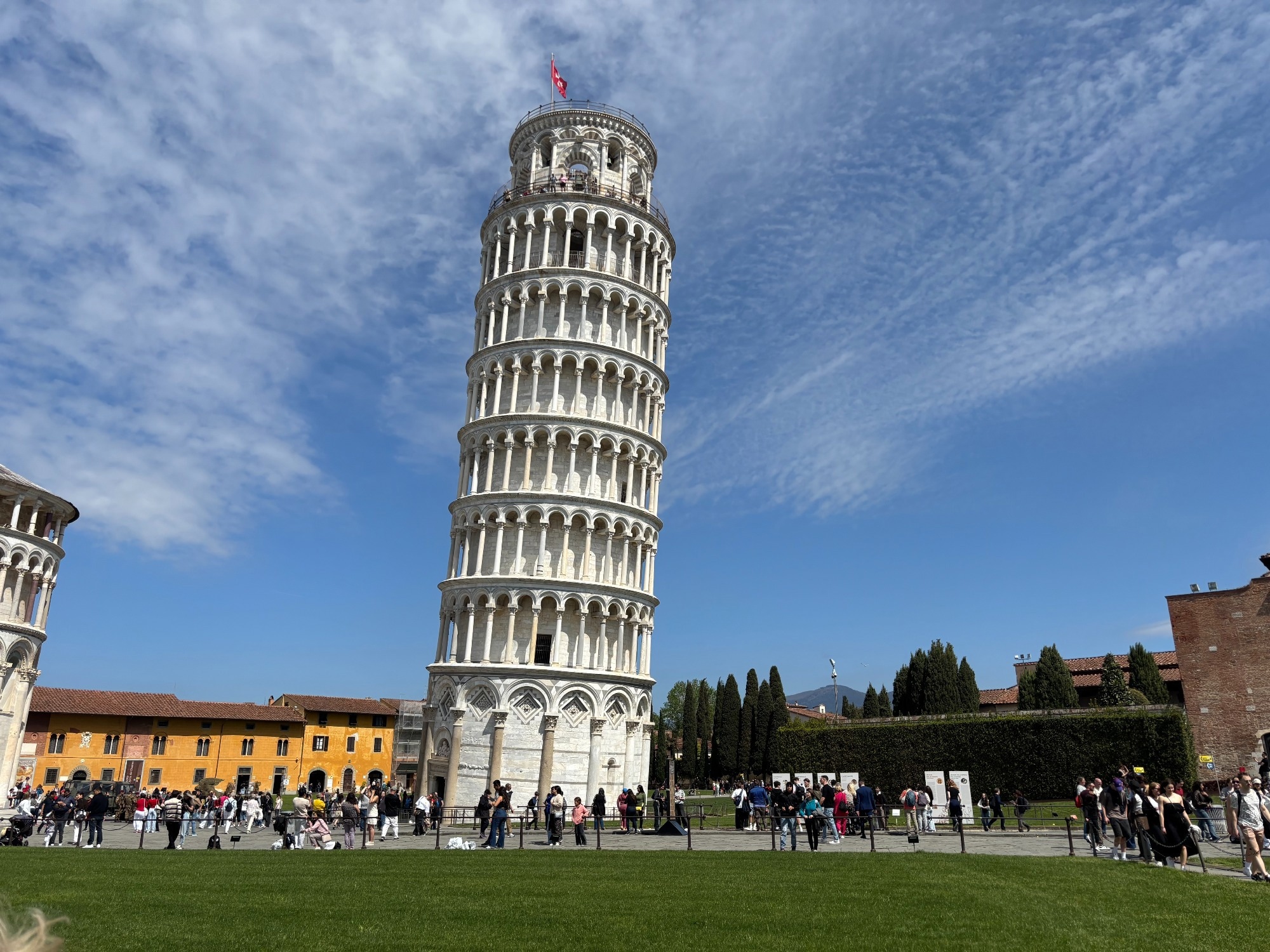 A front view image of the Leaning Tower of Pisa in Tuscany, Italy.