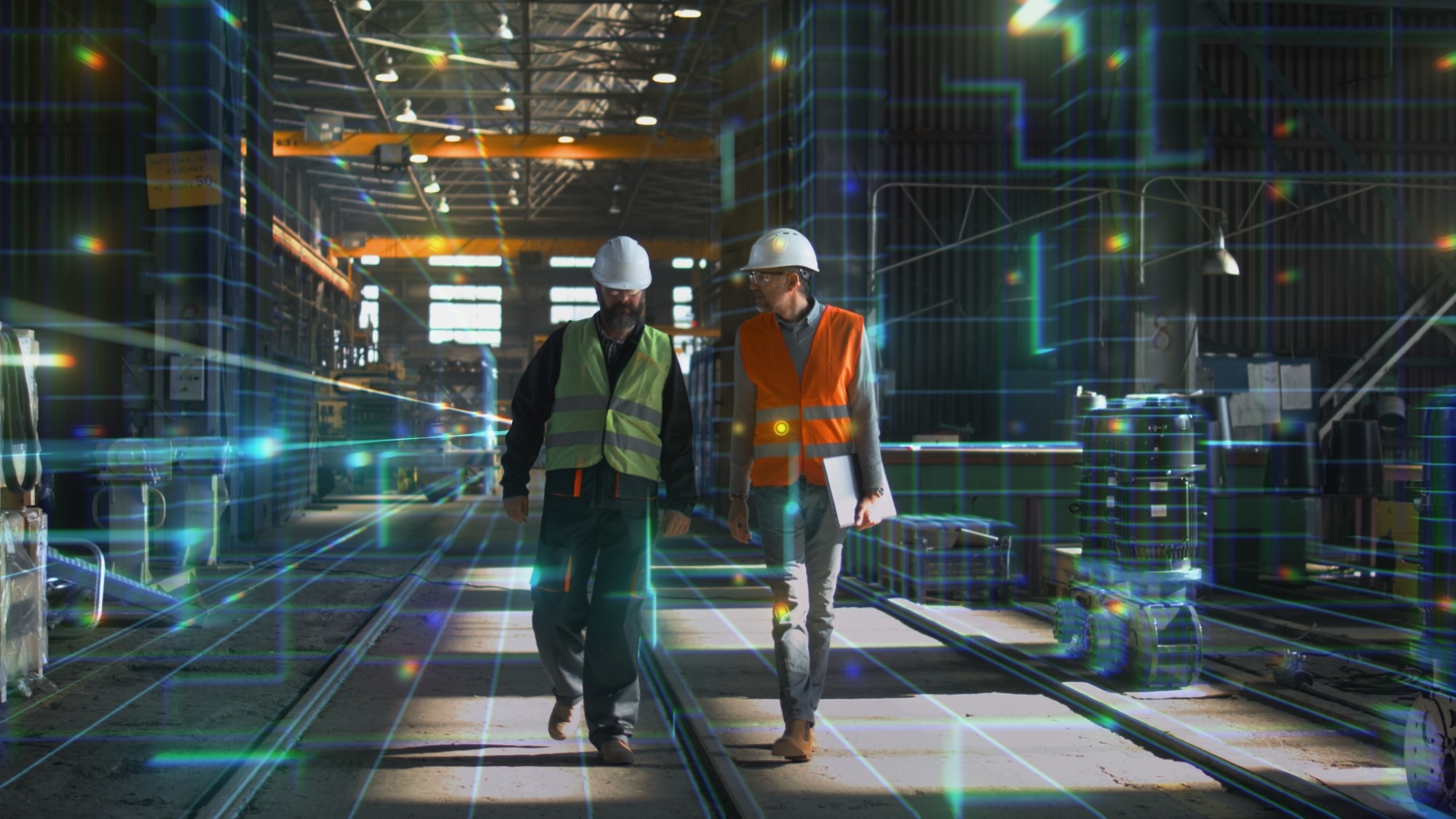 two workers walking with helmets and hi-vis jackets on