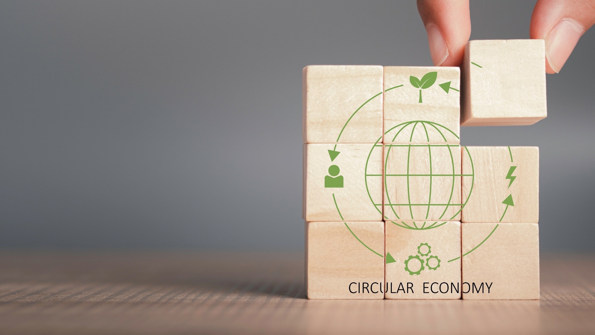 Nine wooden building blocks with a circular economy visualization