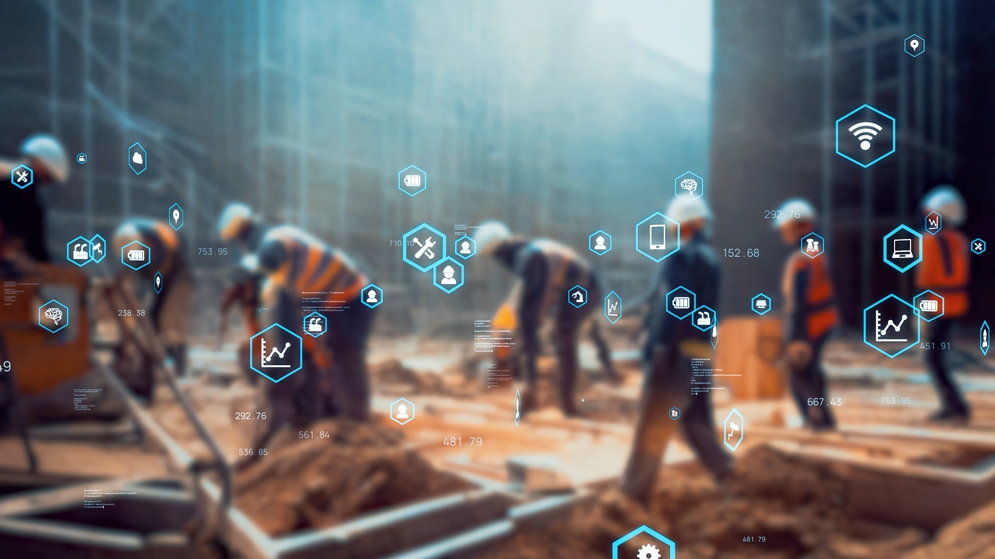 Blurred construction site in background, with overlaid technology imaging