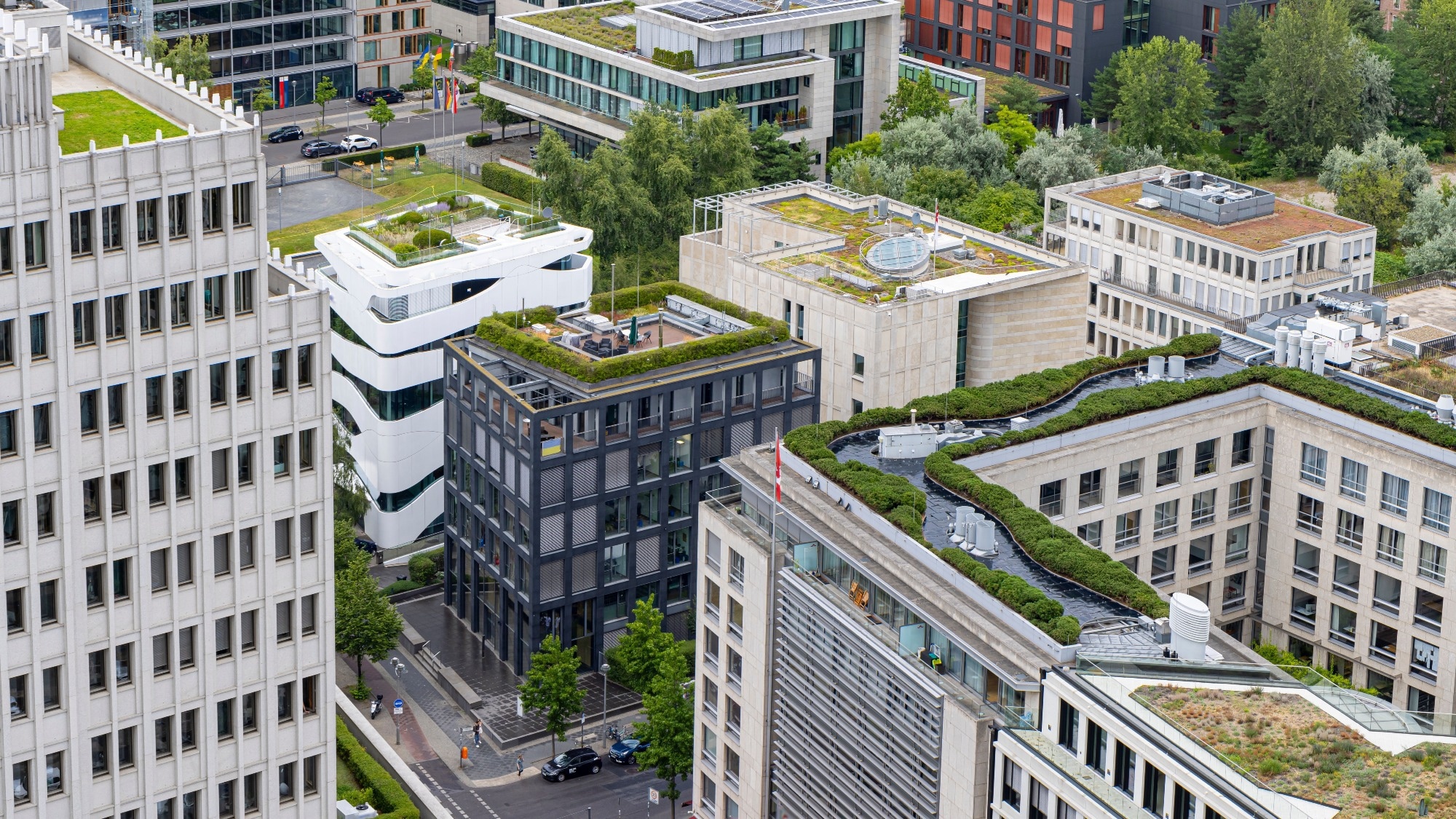 Modern city buildings with green roofs in Berlin, Germany