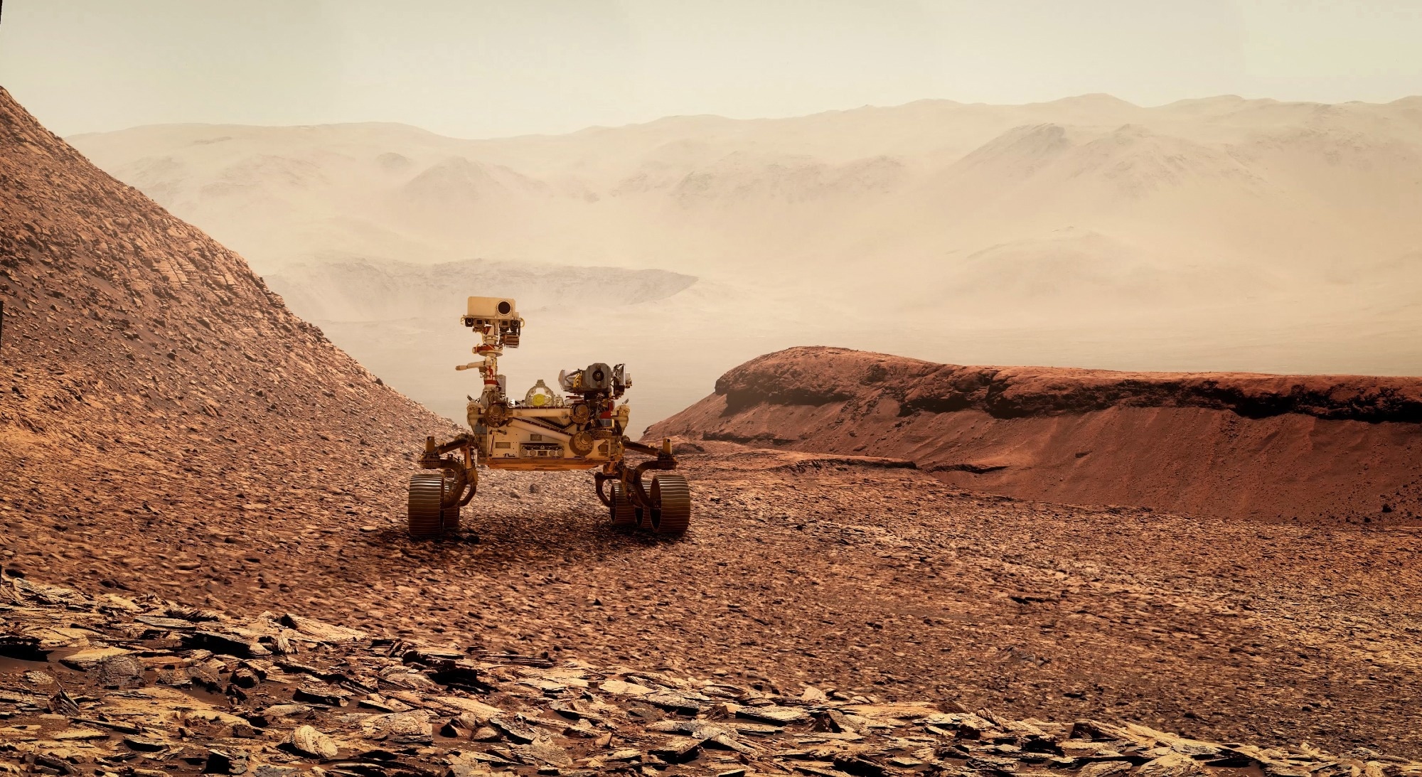 Mars Rover is exploring surface of Mars. Perseverance rover Mission Mars exploration of red planet. Elements of this image furnished by NASA.