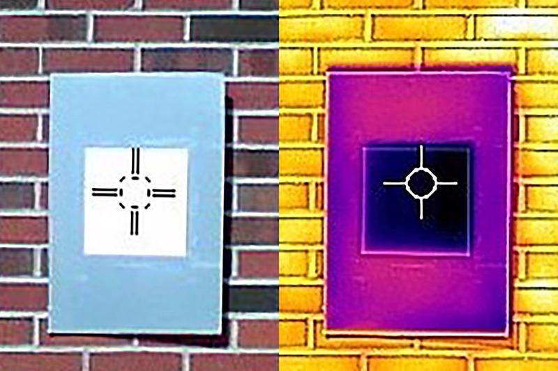 An infrared camera shows how a sample of the whitest white paint (the dark purple square in the middle) actually cools the board below ambient temperature, something that not even commercial