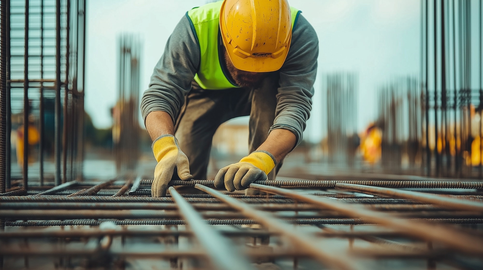 A construction worker in a yellow hard hat and reflective vest is kneeling on a construction site, carefully arranging steel rebar.