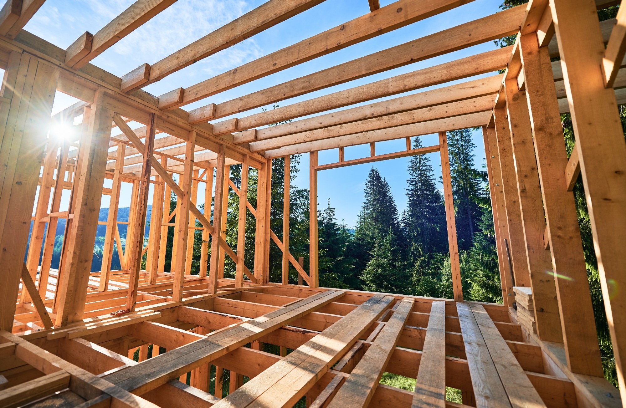 Residential wooden frame structure being erected. Initiation of fresh building endeavor for dwelling or mountain chalet.