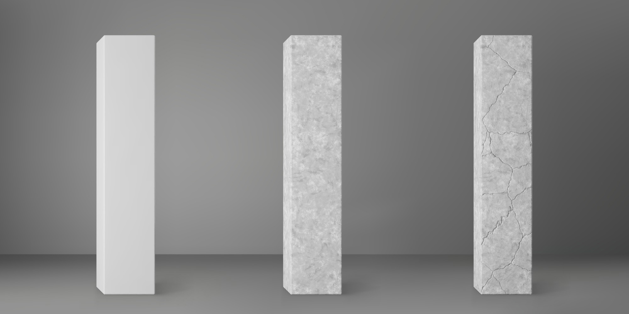 Concrete square columns set with cracks isolated on grey background.