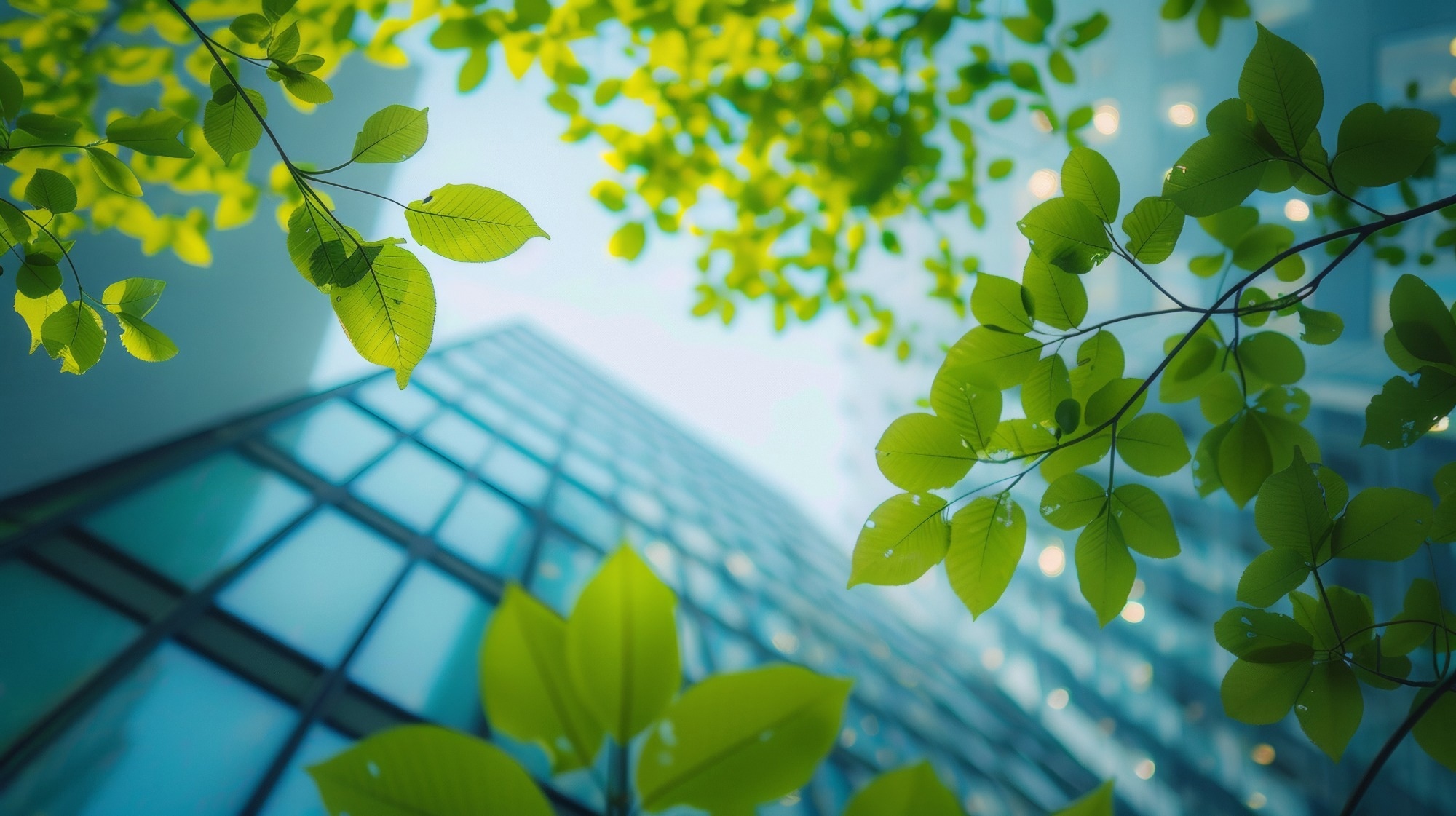 Concept of green construction demonstrated through a skyscraper and leaves.
