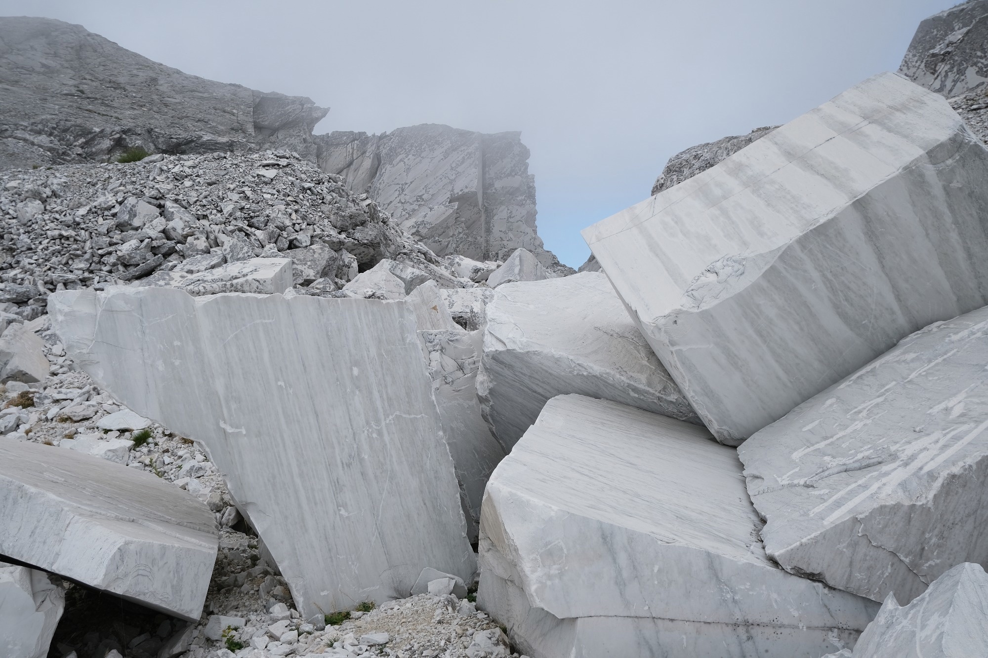 Marble debris. Blocks and debris in a white marble quarry.
