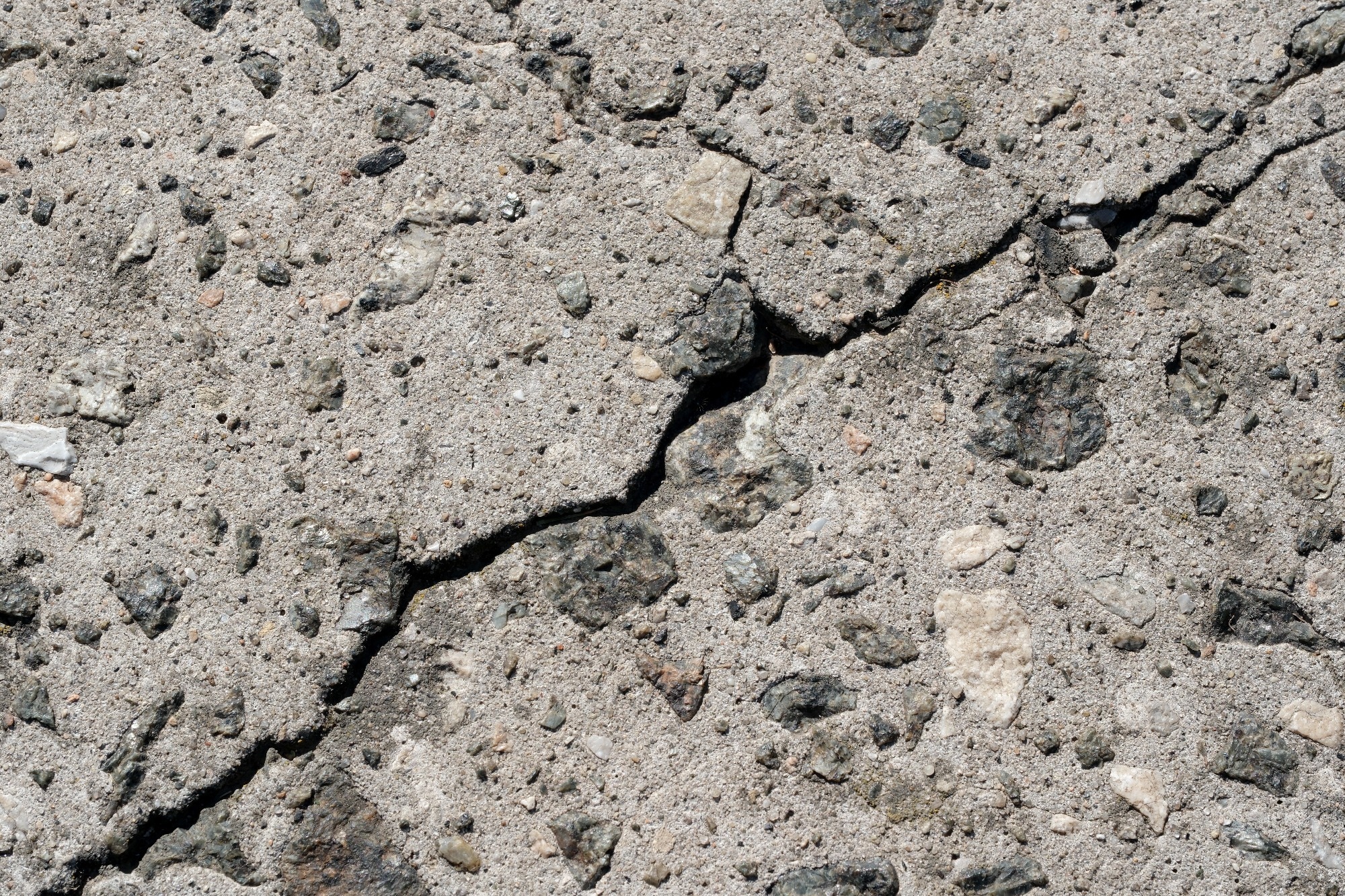 Close-up view of cracked concrete showing unique stones and patterns on a sunny day.