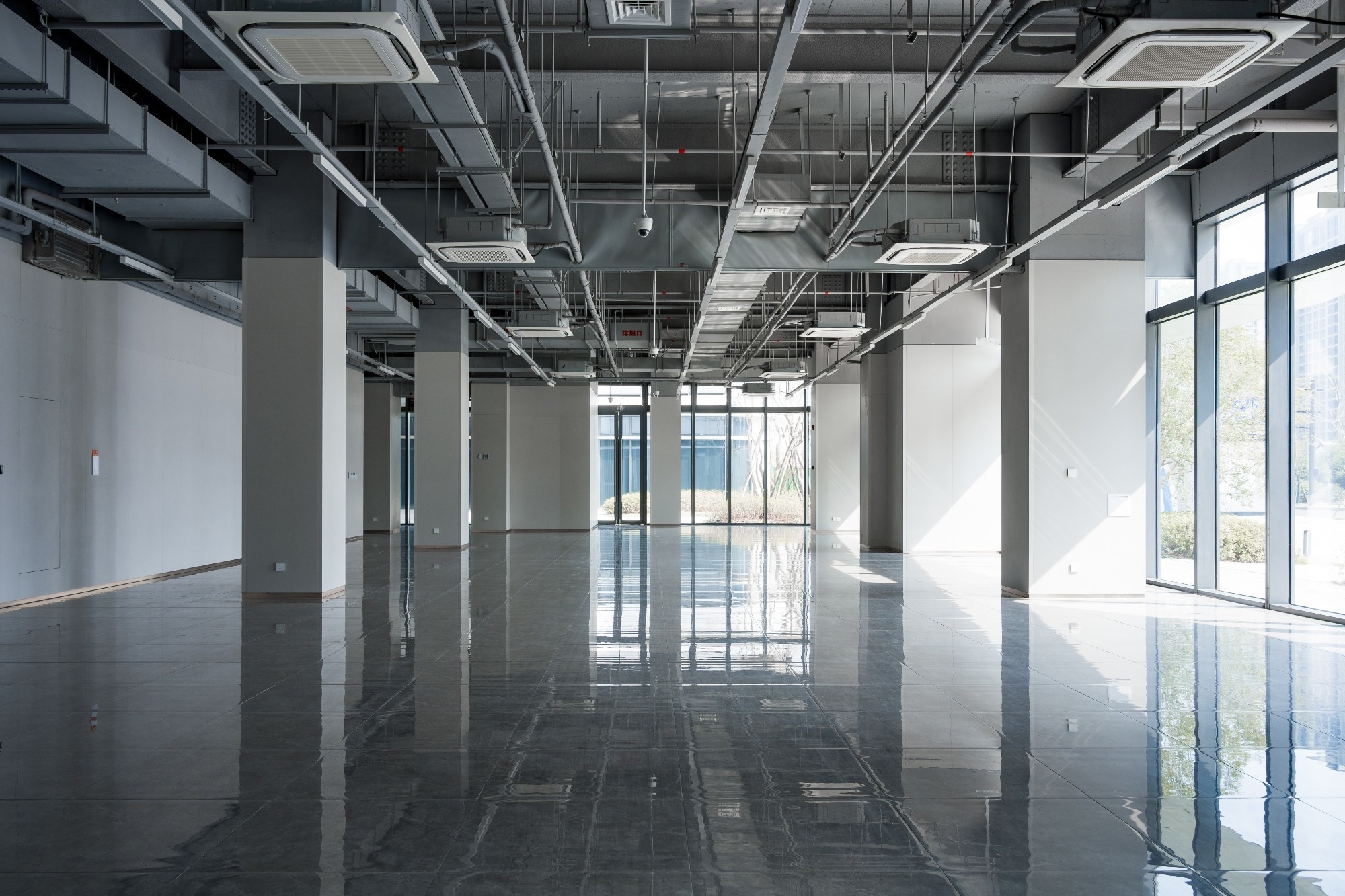 Large office building with an exposed ceiling